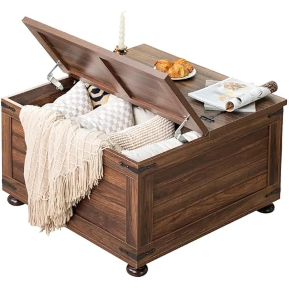 Rustic Coffee Table with Concealed Storage, Spacious Living Room Square Table, Vintage Cocktail Tables with Lift-Top Design