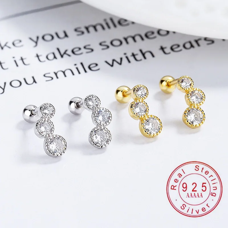 

Real 925 Sterling Silver 3 Round CZ Cartilage Stud Earrings, Screw Back Bezel Set Piercing Earrings, Hypoallergenic Jewelry