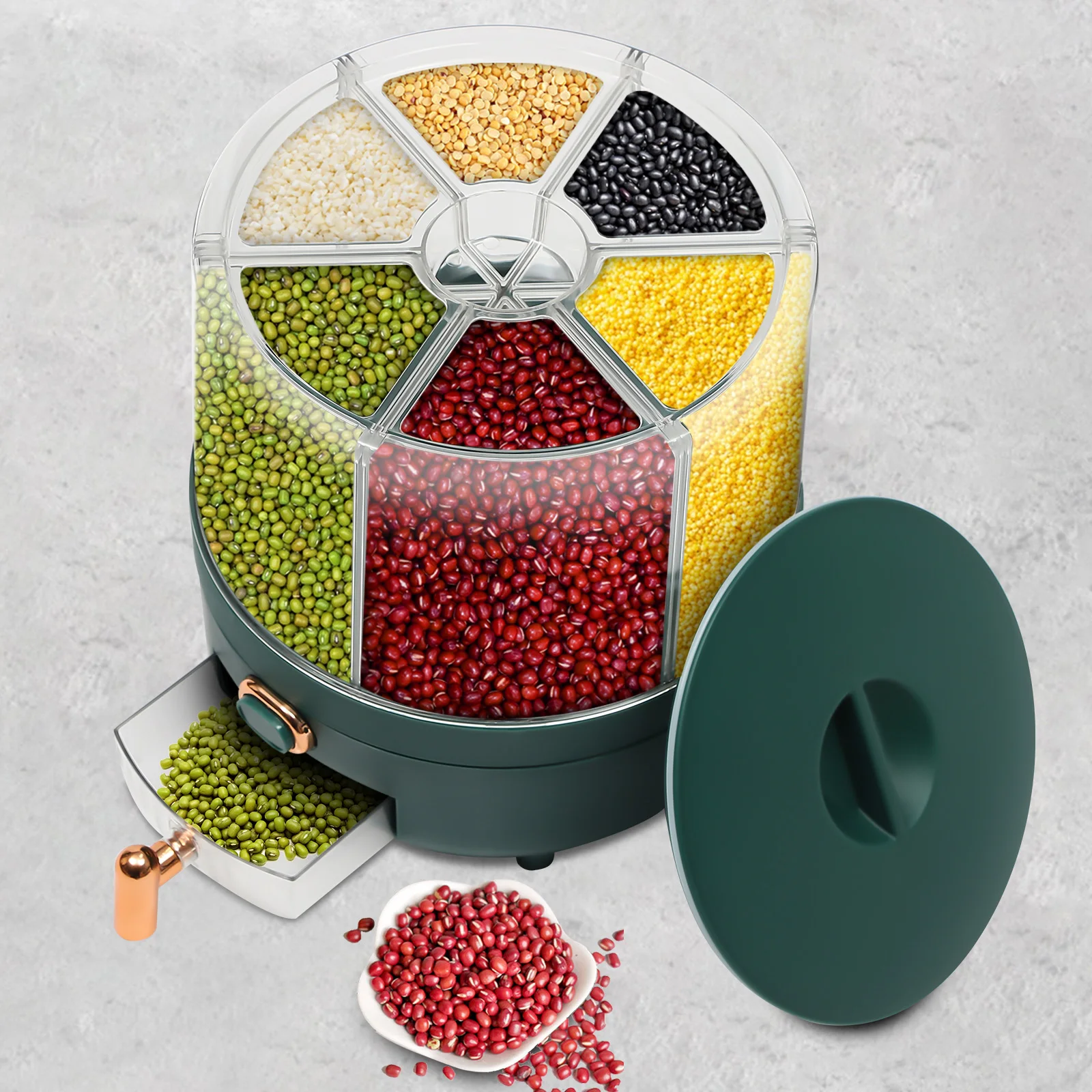 Grain Storage Container Tank 6-Grid Rice Dispenser Rotating with Lid Fit Kitchen