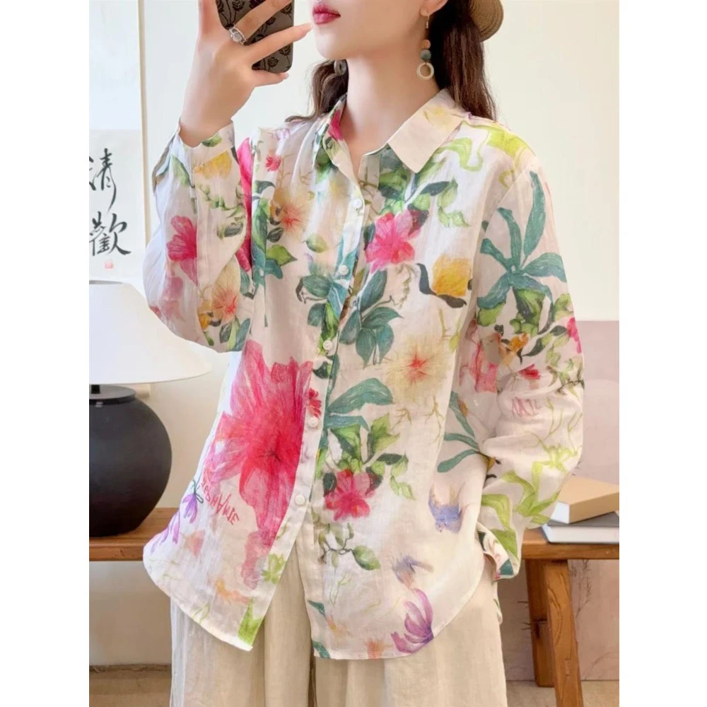 

Длинный льняной принт в стиле ретро с антивозрастным принтом для больших размеров, женский открытый кардиган с воротником, ранняя осень, повседневный свободный крой