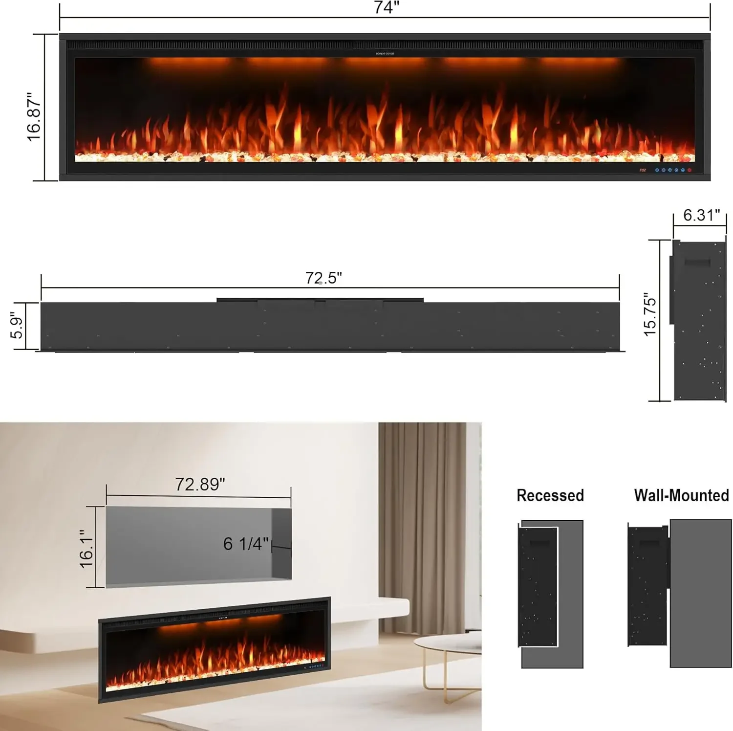 74-Zoll-Smart-Elektrokamin-Einsätze, schmaler Kamin mit APP-Steuerung, Fernbedienung und Touchpanel, 13 einstellbare Flammenfarbe