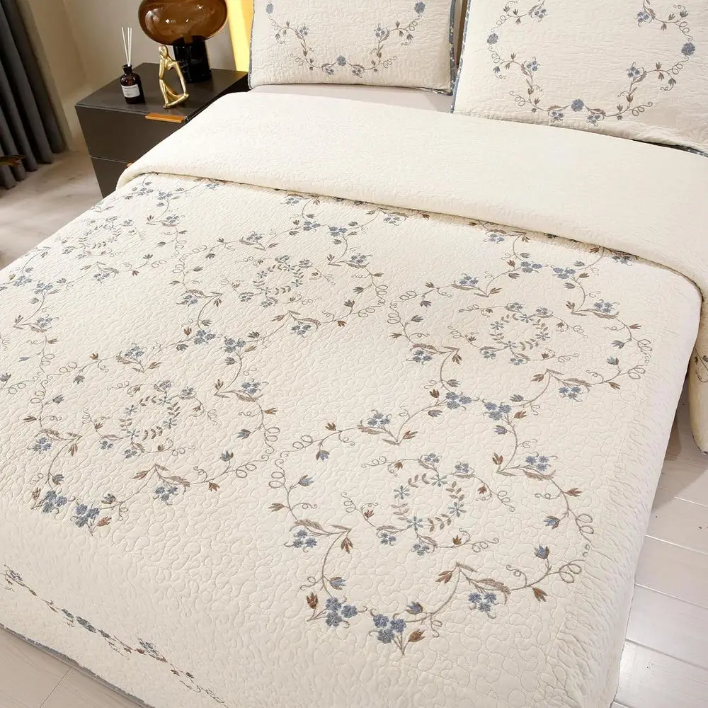 

3D Embroidered 100% Cotton Reversible Quilted Decorative Bedspread Set, Lightweight King Size Bedding Coverlet for All Seasons