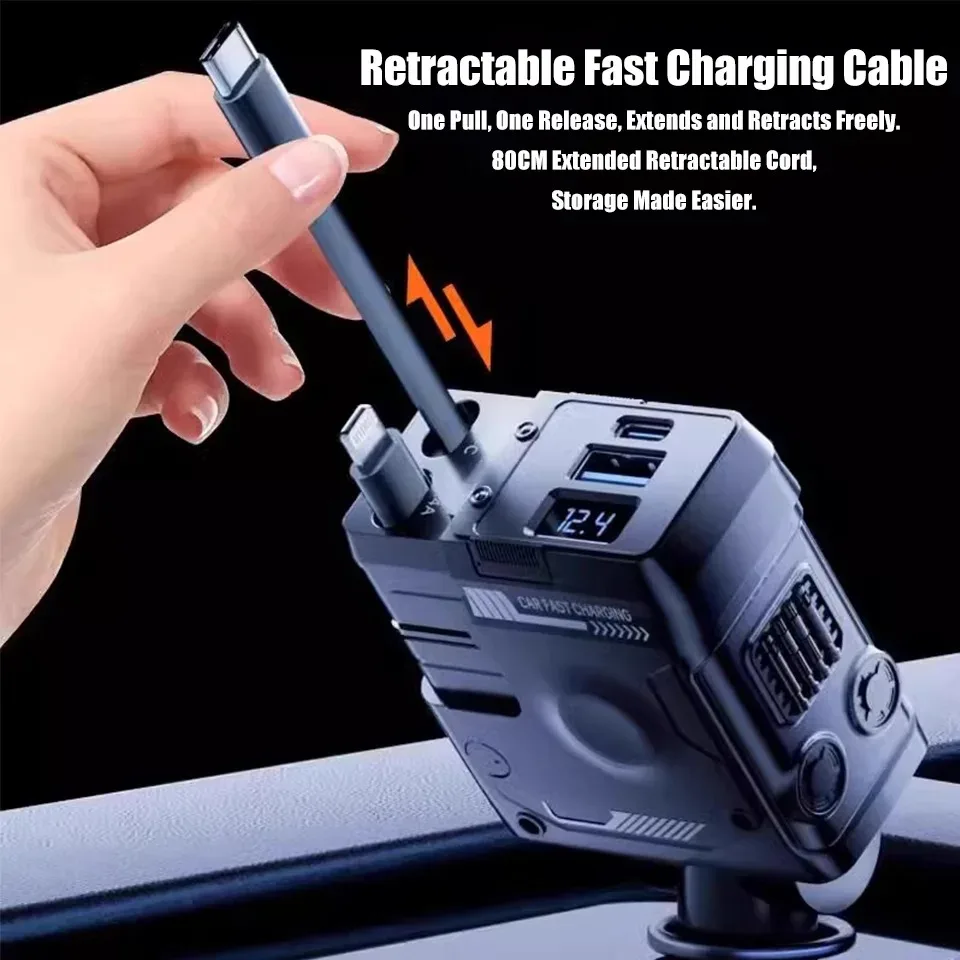 120W Car Charger, 4-in-1 Retractable Cigarette Lighter Adapter with USB Type C Fast Charging Cable for iPhone & Android Devices