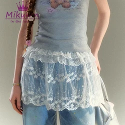 Mikumn Harajuku White Mesh Lace Skirts Y2k Korean Girl Stacked Skirt Chic Streetwear Apron Wrap Skirt Lace Up Matching Pants
