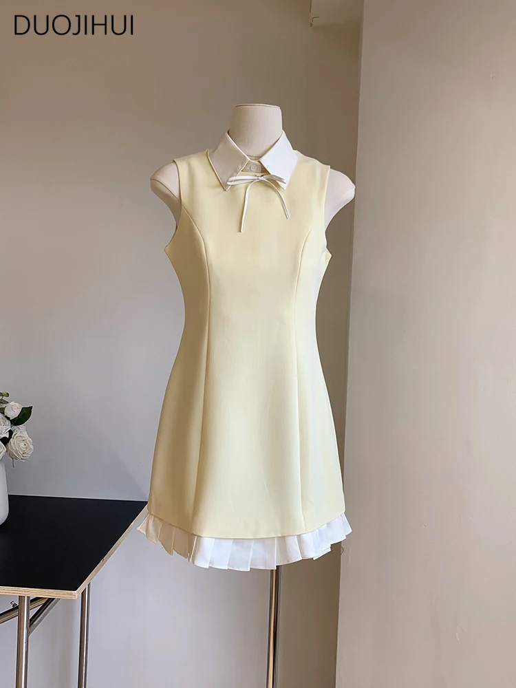 DUOJIHUI Black Sweet Bow Chic Button Casual Women Dresses Summer Contrast Color Classic Sleeveless Fashion Simple Female Dresses