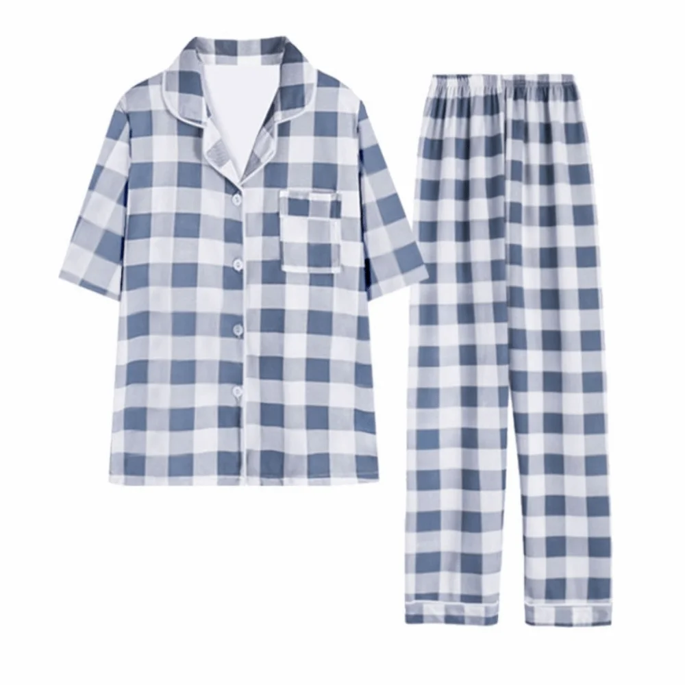 

Fashion Short Sleeve Grid Pajama Suit V Neck Women Sleepwear Tops Pants Nightwear Slim Fit Two Pieces Pajama Sets Summer