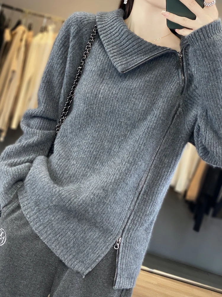 

2024 Star Style Autumn Winter Women 100% Merino Wool Cardigan Turn Down Collar Casual Sweater High Quality Zipper Knitwear Top