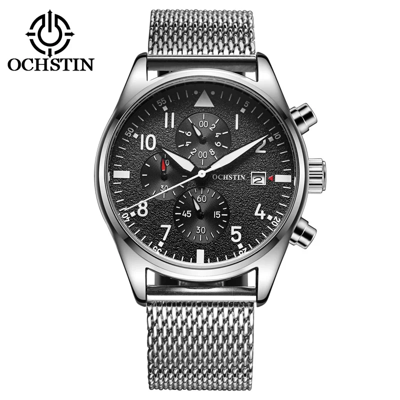 OCHSTIN Pilot Men Quartz Watch Stopwatch Chronograph Date Display Stainless Steel Mesh Band Male Wristwatch Casual & Formal Wear