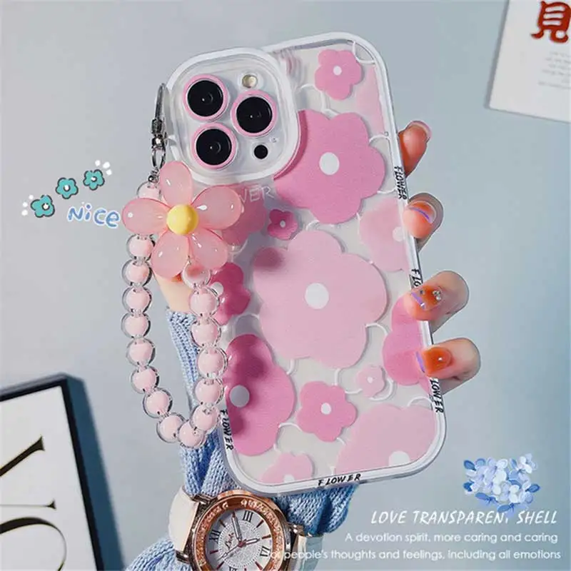 Pink Purple Flower Bear 3D Pendant Case For iPhone 14 15 13 12 11 Pro Max Mini 14 15 7 8 6 6s Plus XS XR X TPU Soft Cover