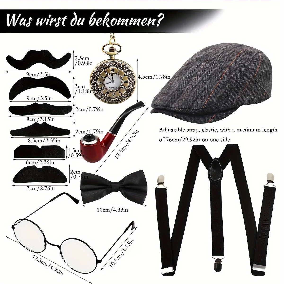 Set of 7, 1920s Men's Gatsby Costume Accessories, Elegant Polyester Mafia Gang Costume, Panama Hat, Elastic Suspenders, Moustach