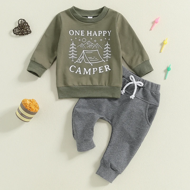 Baby Clothing Boy 1st Birthday Outfits Tree Letter Print Long Sleeve Crew Neck Pullover Pants Set 2Pcs Outfits