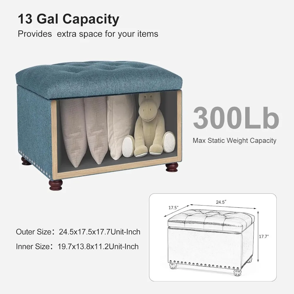 24 Inch Ottoman with Storage, Upholstered Linen Fabric Cube Stool, Small Hinged Footrest for Living Room