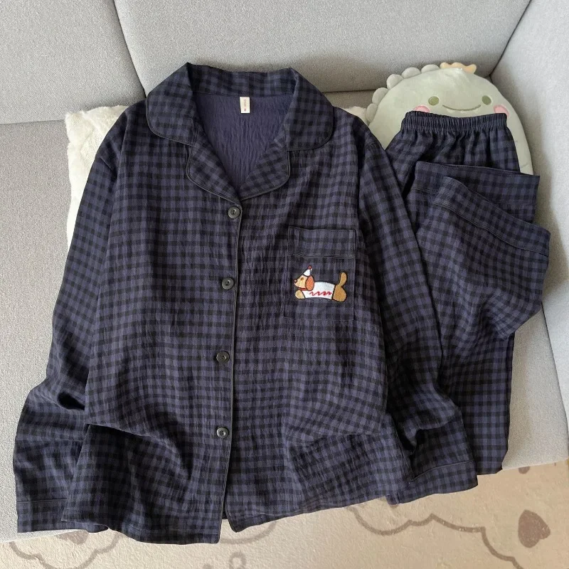 New Sleepwear Embroidery Dog Plaid 2 Piece Suit Pyjama Femme Korean Style Vintage Casual Soft Fashion Women's Pajamas Autumn
