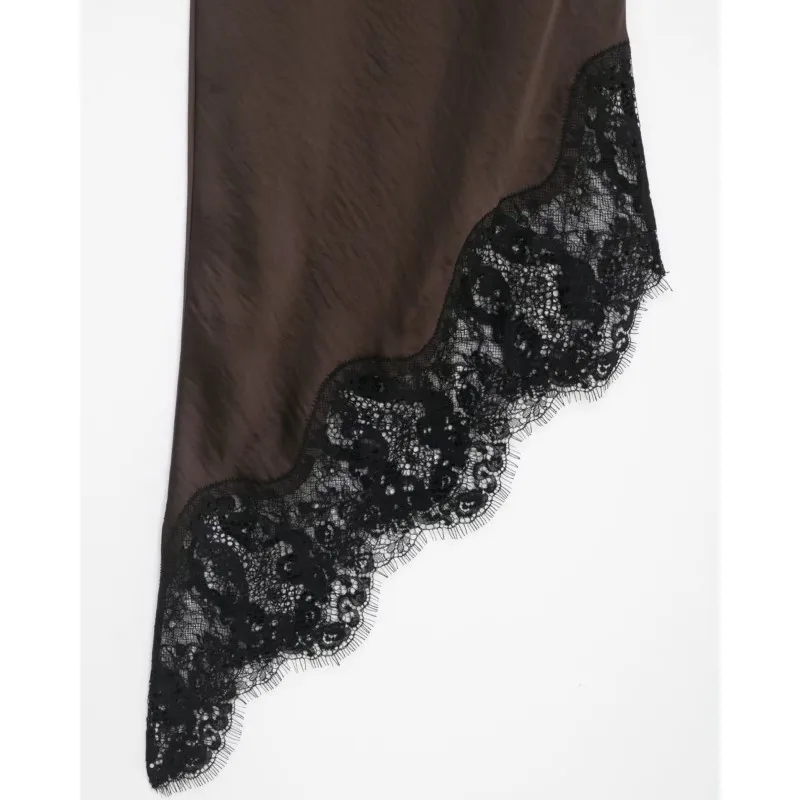 Robe mi-longue en dentelle et Satin pour femmes, Sexy, dos nu, fines bretelles, ourlet asymétrique, élégante, Chic, printemps automne