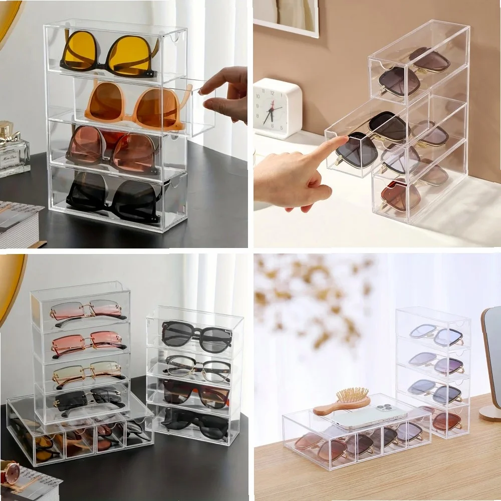 

4-Layer Clear Acrylic Sunglass Storage Box, Eyeglass Organizer & Makeup Drawer Tray, Transparent Visual Sunglasses Case for Home
