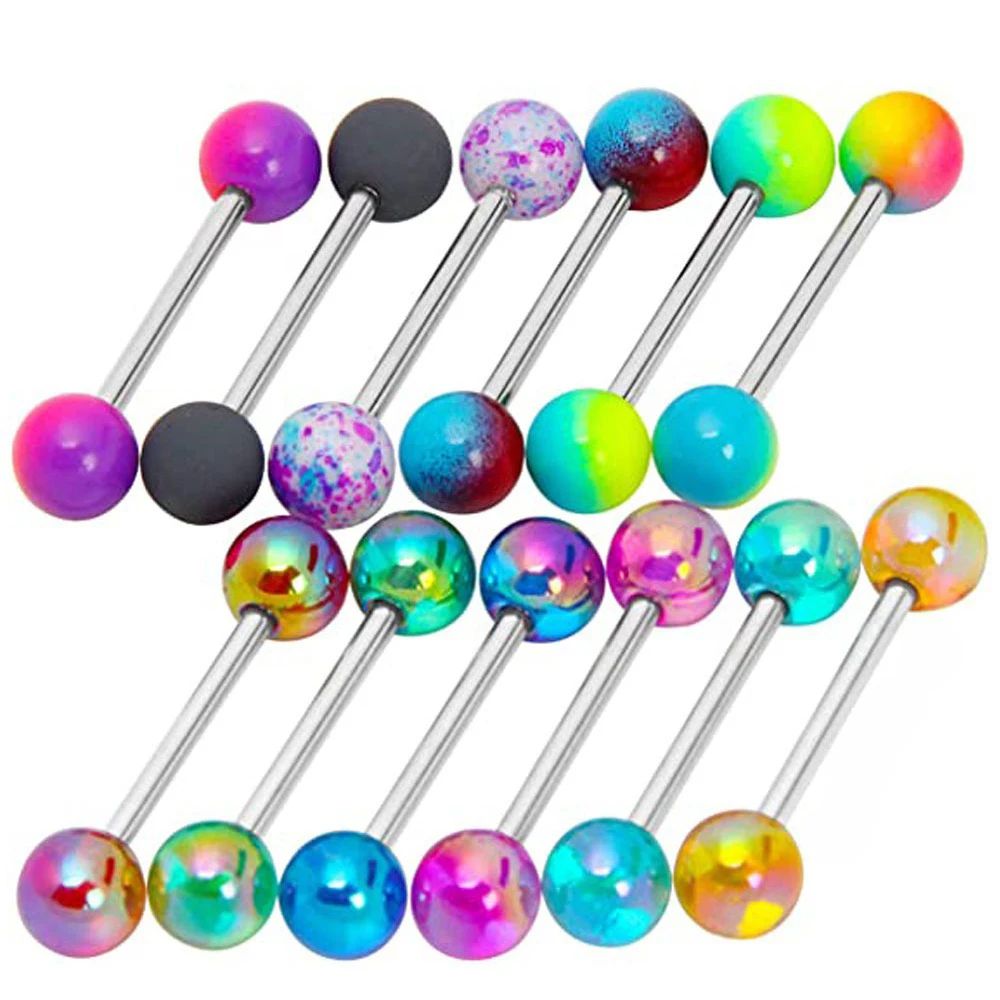 12Pcs Assorted Mixed Color Acrylic Ball Tongue Rings Stainless Steel Barbell Tongue Piercing Jewelry For Men and Women