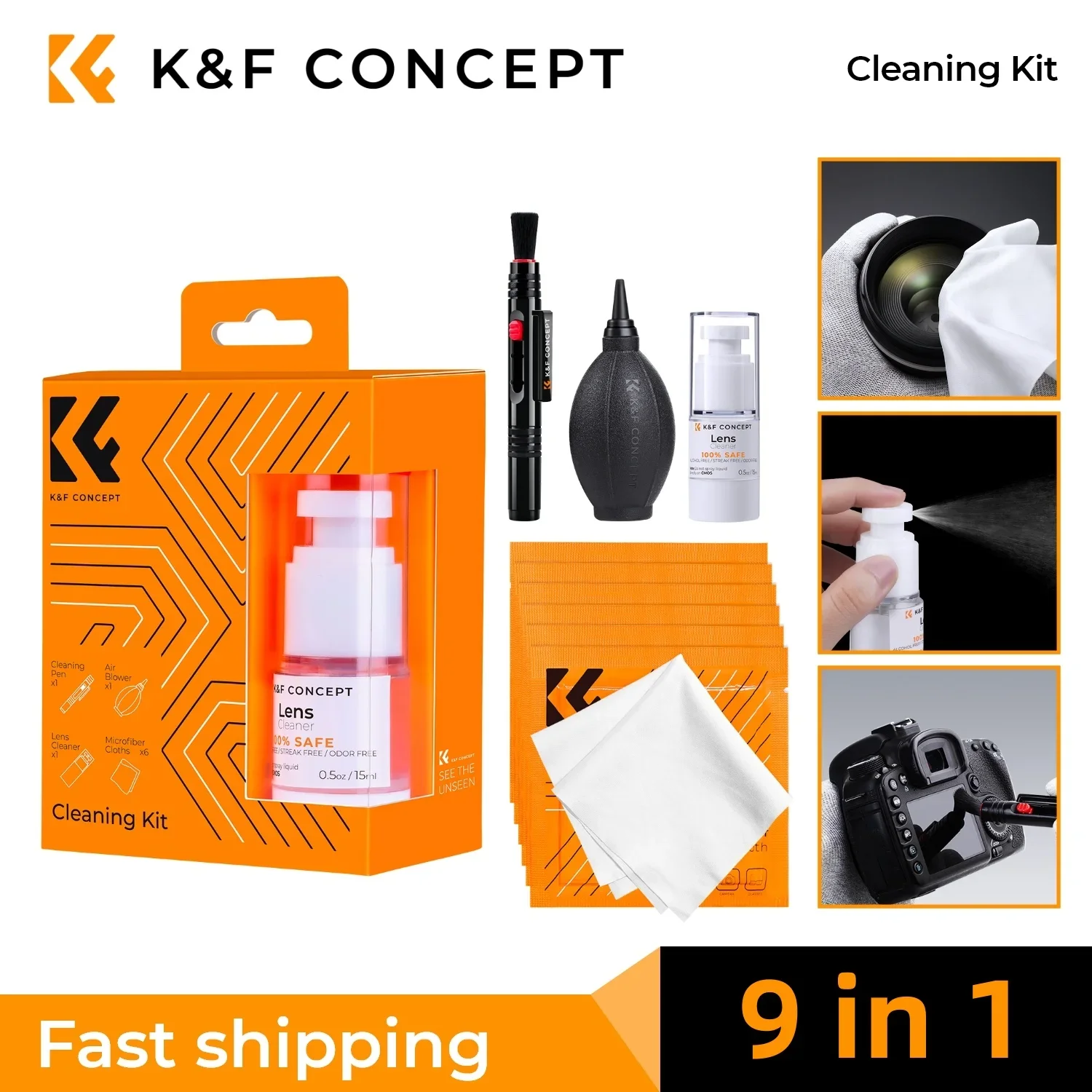 K&F CONCEPT Camera Lens Reinigingsset met Camera Blower, Brillendoekjes, Reinigingsvloeistof, Reinigingspen voor Camera Lens en Telefoon