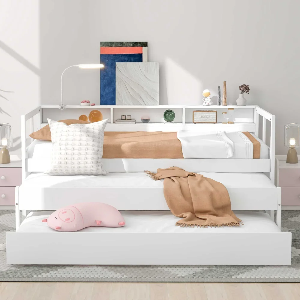 

Convertible Daybed with Night Light and USB Charging for Kids Teens, 3 Beds in One, White, Twin Platform Bed with Storage Shelf