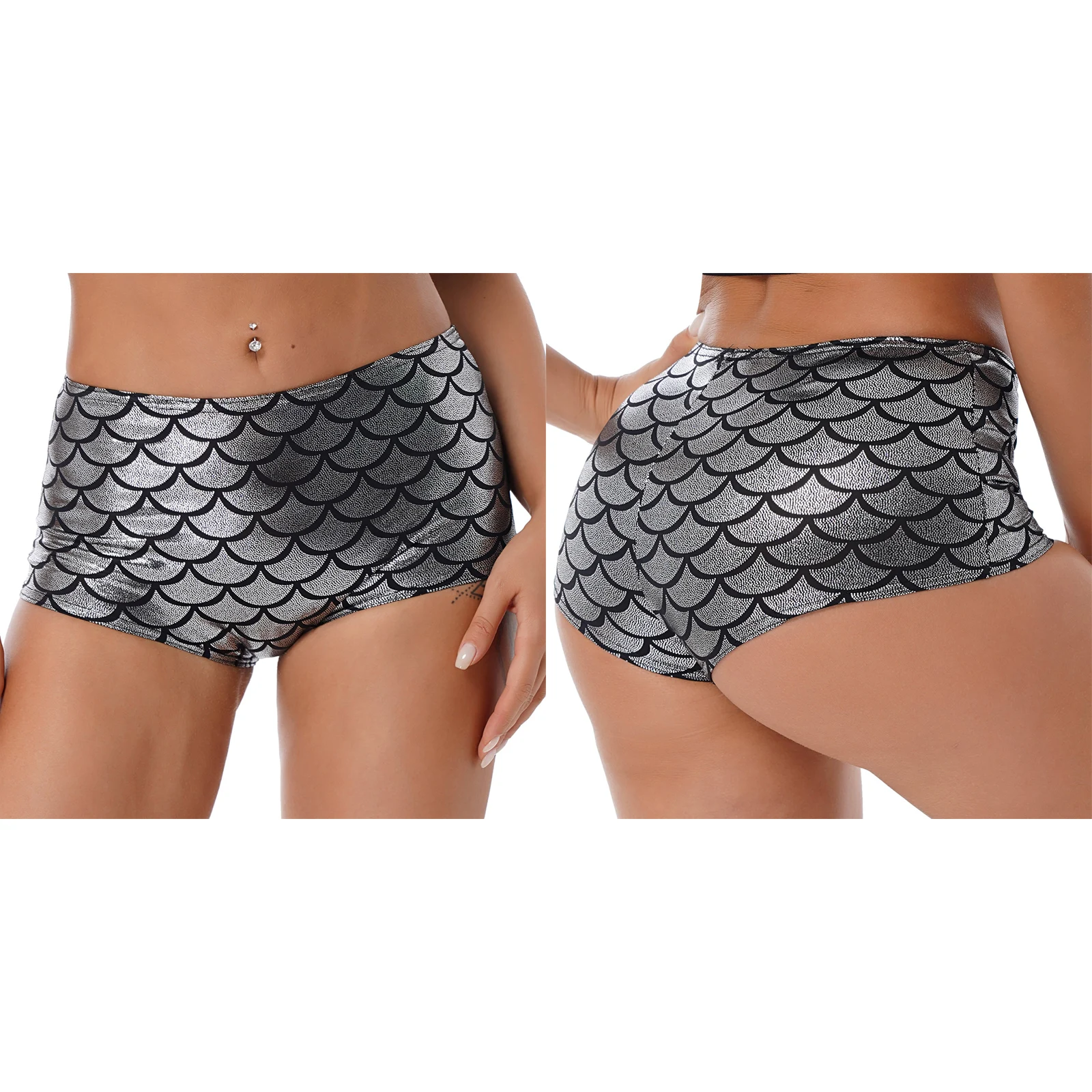Frauen Meerjungfrau Pole Tanzen Party Clubwear Outfits Metallic Shiny Fisch Skala Print Crop Tops + Booty Dance Shorts Fitness Bademode