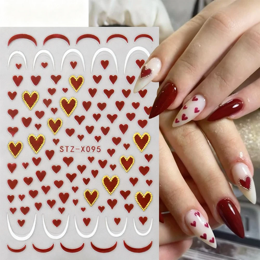 Pegatina 3D para uñas del Día de San Valentín con corazón rosa, línea francesa blanca y rosa, diseño de amor, calcomanías deslizantes para uñas, pegatina artística para manicura dulce Deco