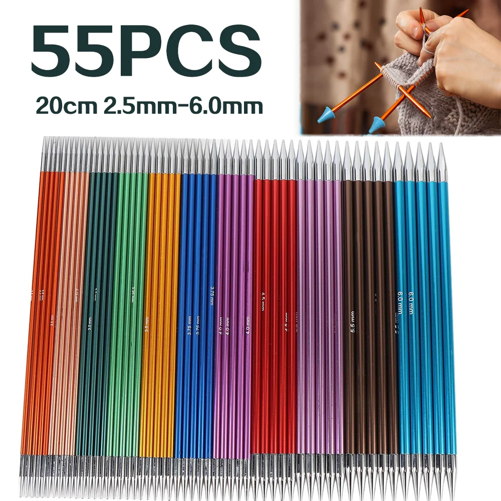 

55Pcs 20CM Aluminium Oxide Knitting Needles Set 2.5-6.0mm Double Pointed Straight Knitting Needles for Sweaters Knitting Project