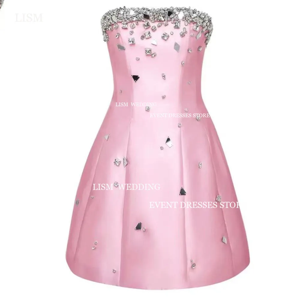 

LISM Sparkly Beads Diamond Short Prom Party Dresses Strapless Light Pink Satin Mini Sexy Cocktail Dress Summer Vesidos de fiesta