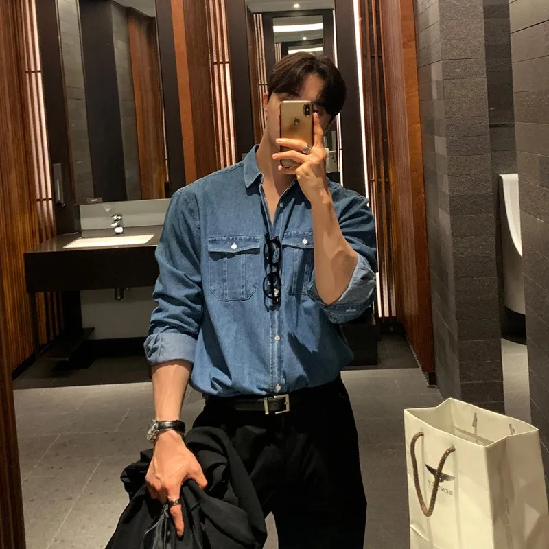 Men's Spring Denim Long-sleeved Pocket Shirt Casual Japanese Popular Clothes Button Streetwear Luxury Stylish Outerwear 2025 New