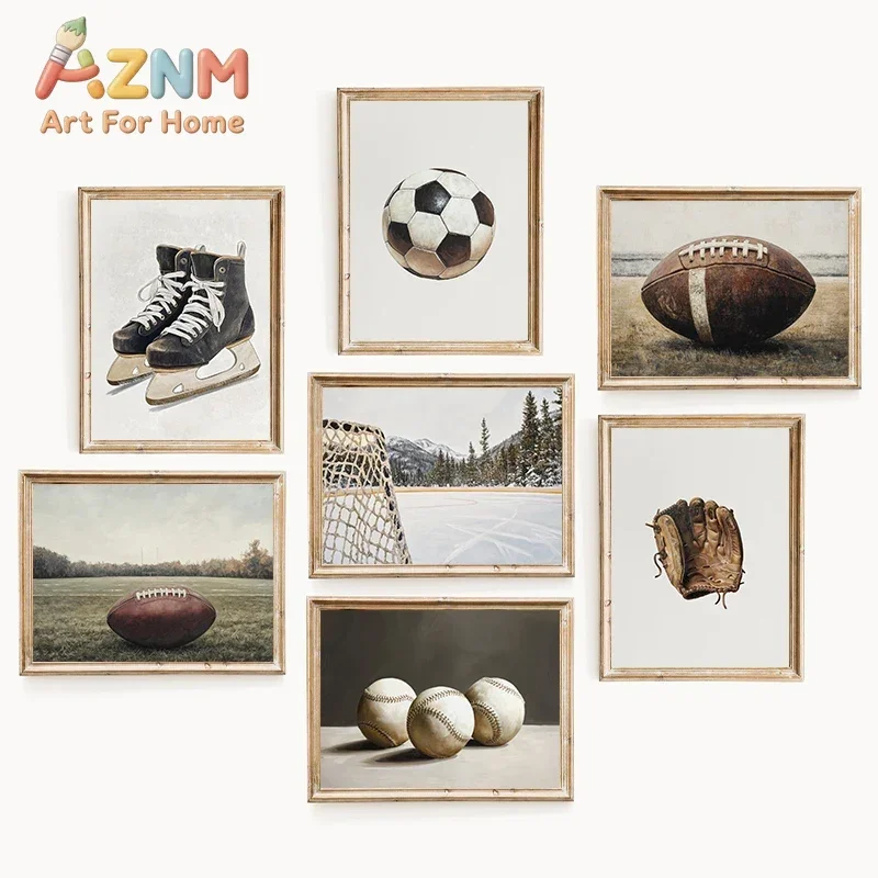 AZNM Vintage Sports Canvas Wall Art Retro Football Soccer Baseball Ice Skate Sport Theme Art Print Unframed Canvas Poster for Bo