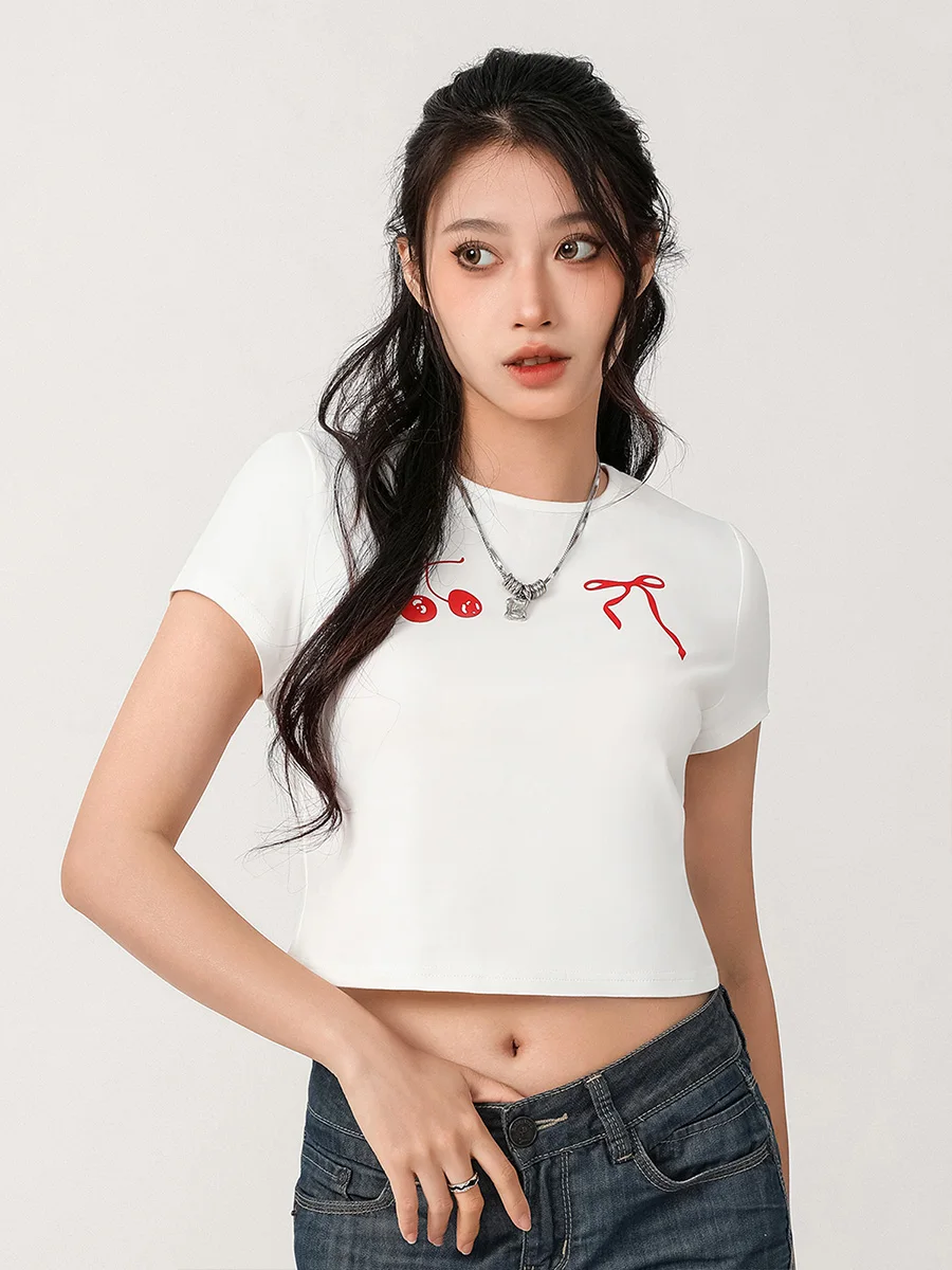 Women Bow Print T Shirt Cute Bunny Graphic Baby Tees Short Sleeve Crop Top E Girls Y2K Aesthetic Pullovers Clothes