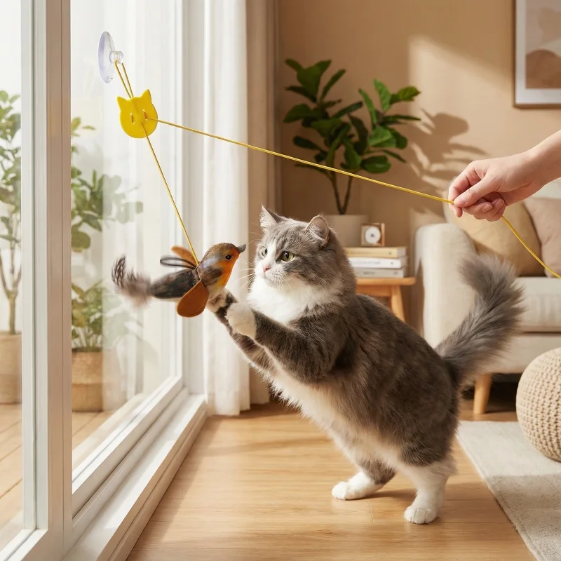 1 Stück simuliertes Vogelgezwitscher-Katzenspielzeug für Selbstbeschäftigung und Entspannung, bissfest, hängender Feder-Teaser-Katzenstab