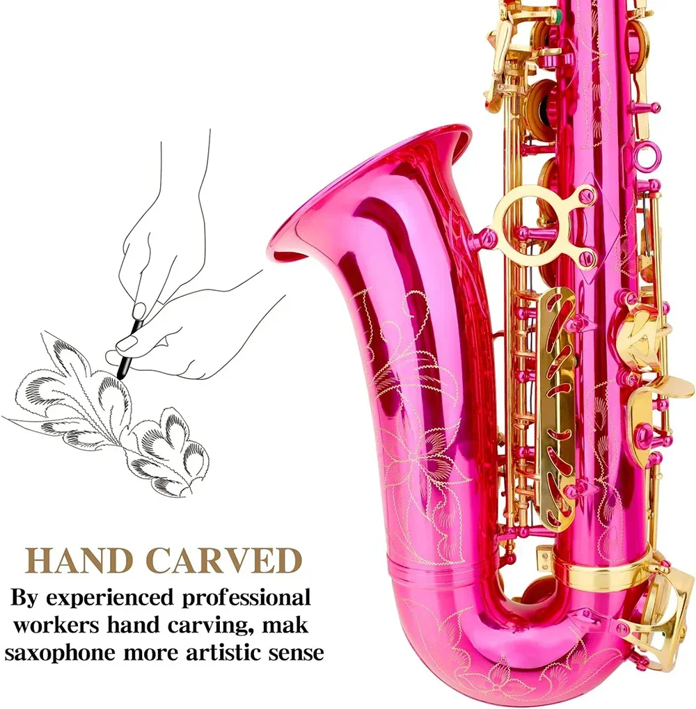 Rose Red Eb Alto Saxophone for Beginners Adults Brass E Flat Key Type Saxophone Woodwind Instrument with Case Strap Glove Parts