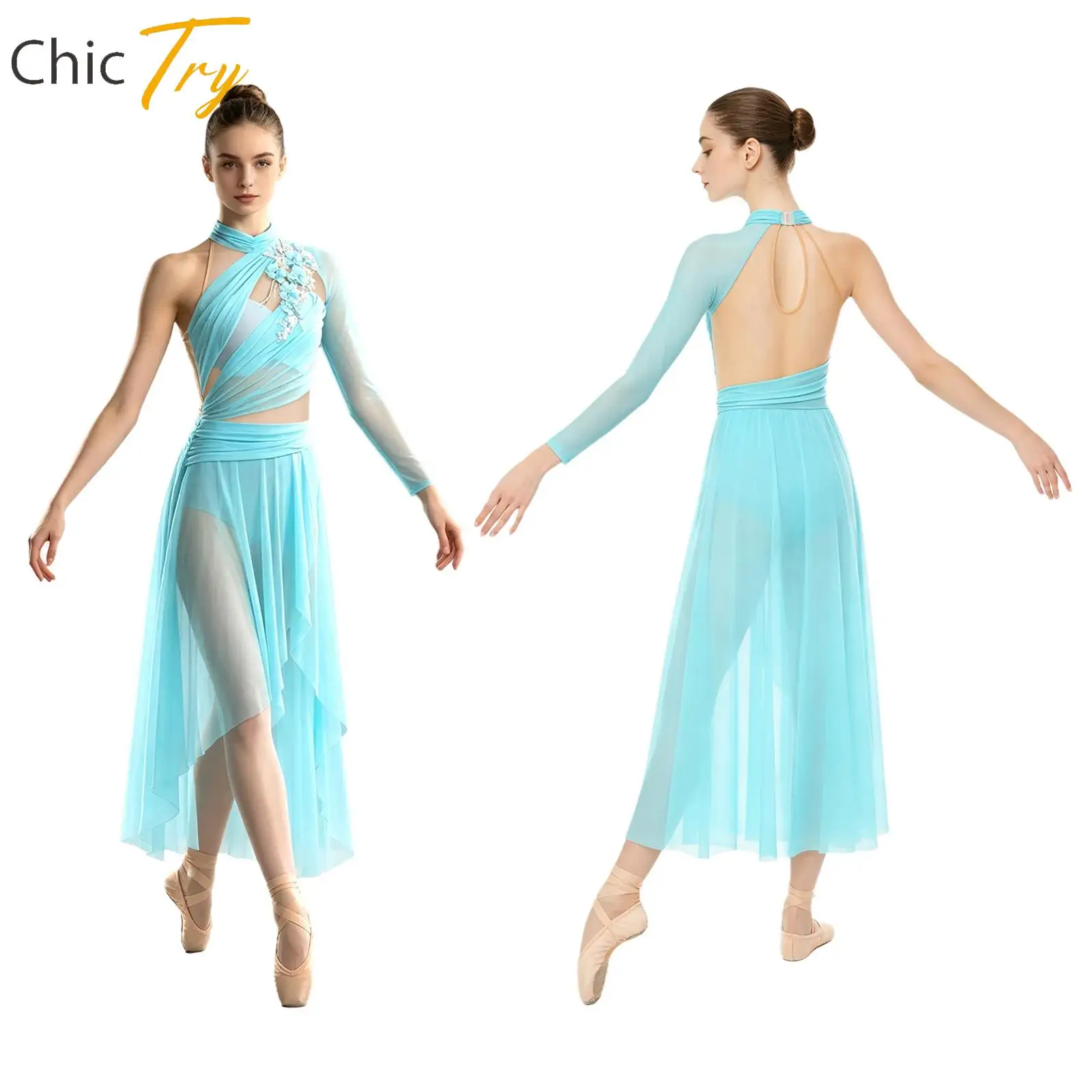 Women Modern Lyrical Dance Dress Figure Skating Ballet Rhythmic Gymnastics Performance Costume Flower Applique Skirted Leotard