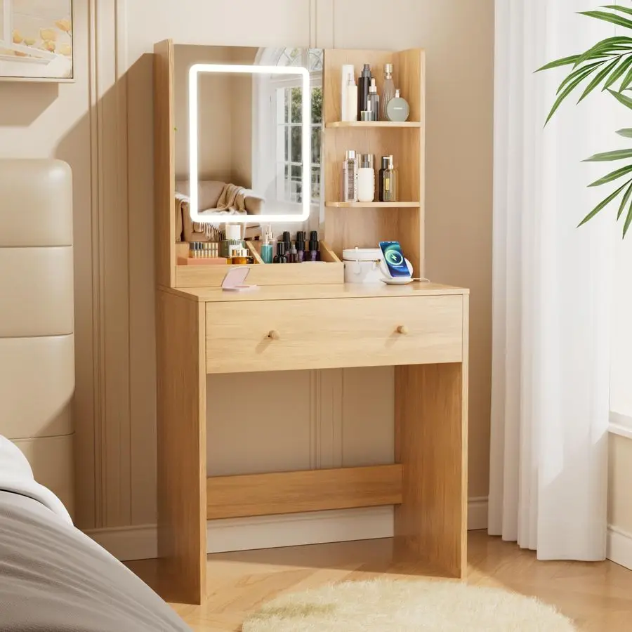 

Vanity Desk with Mirror and LED Lights, Modern Small Makeup Vanity Desk with Drawer, 3 Storage Shelves, 24 Inches Dress