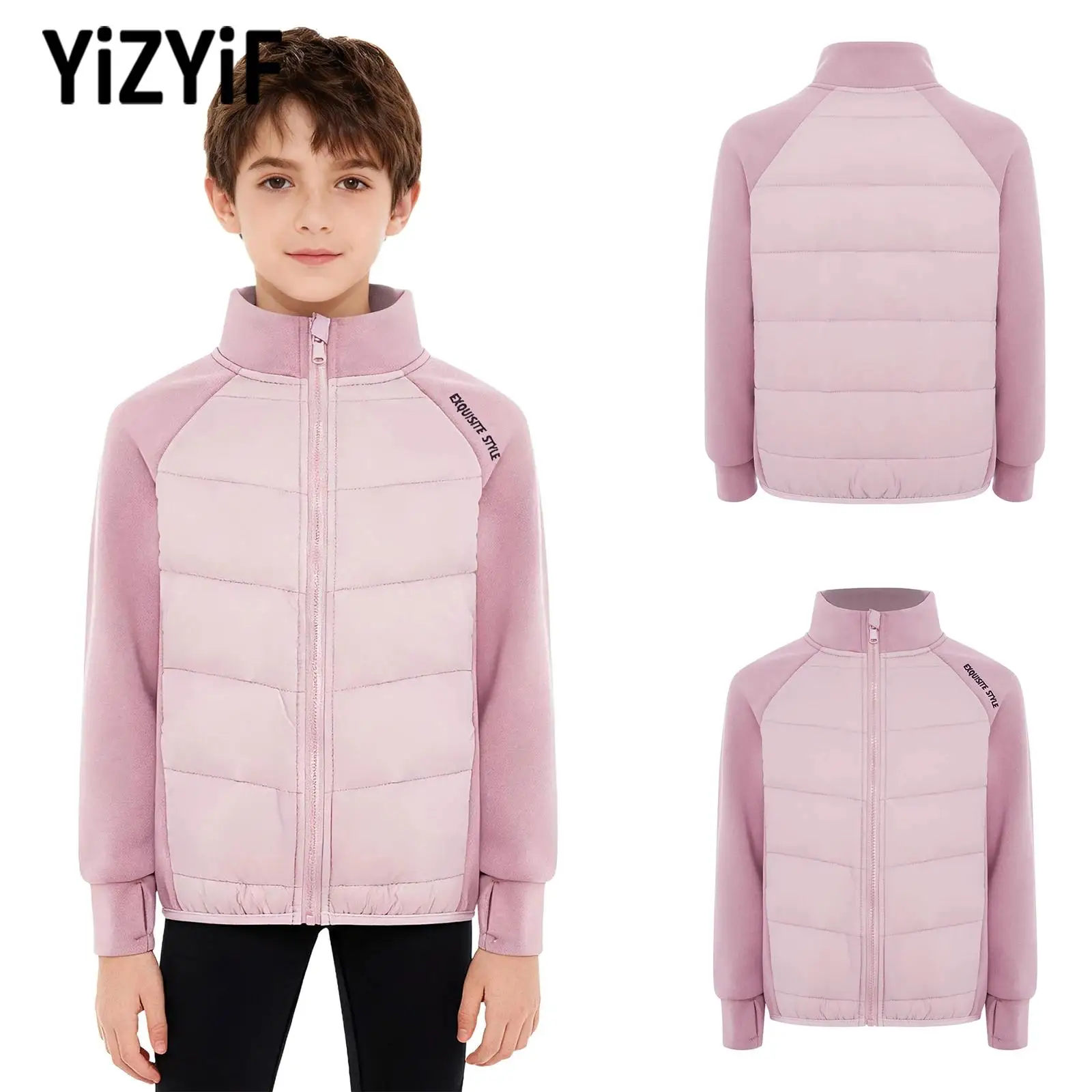 

Kids Patchwork Puffer Jacket for Boys Girls Warm Coat Long Sleeves Thumbholes Zipper Down Casual Coat for Skiing Outdoor Sports