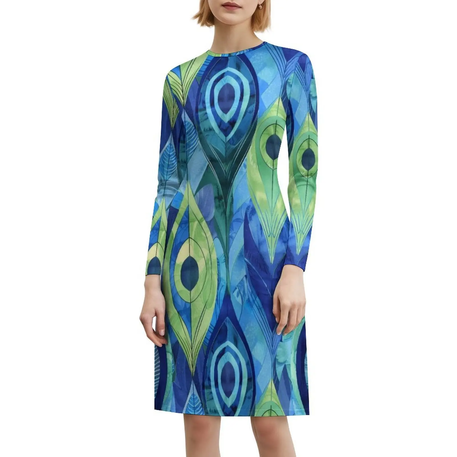 نمط سلس: ريش الطاووس بألوان مائية على الطراز الكوري للنساء فستان كاجوال أنيق للحفلات أو الارتداء اليومي