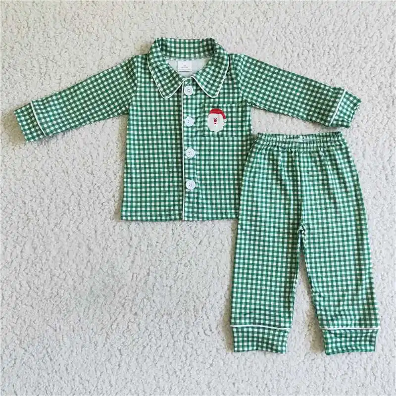 New Fashion Baby Boys Embroidered Star Christmas Tree Red and White Plaid Long Sleeve Pants Suit Wholesale Boutique Kid Suit