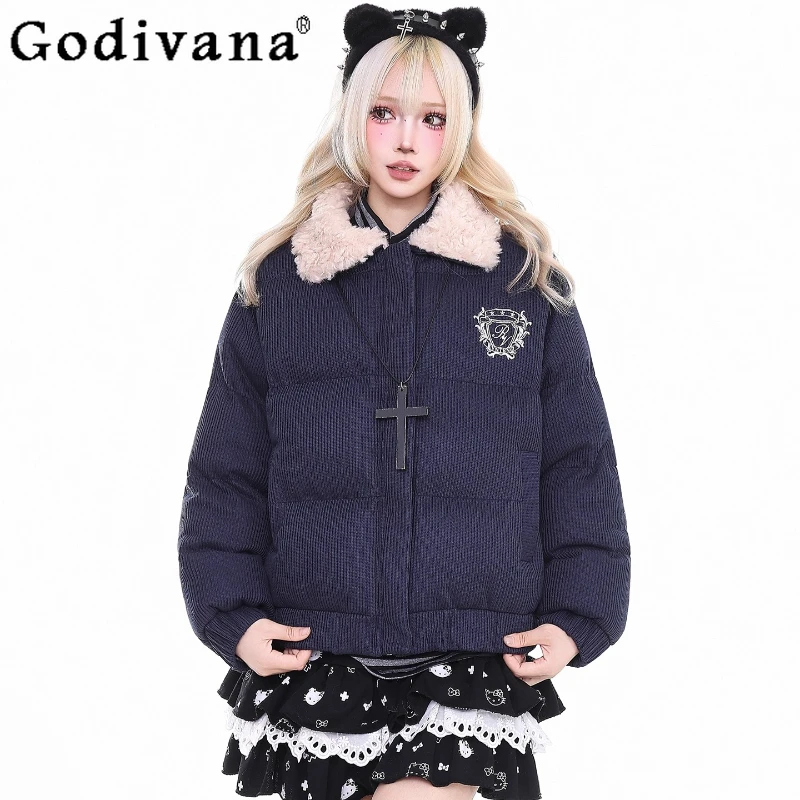 سترة نسائية منتفخة سميكة متعددة الاستخدامات بياقة صوف خروف عتيقة سترة قطنية شتوية غير رسمية يابانية