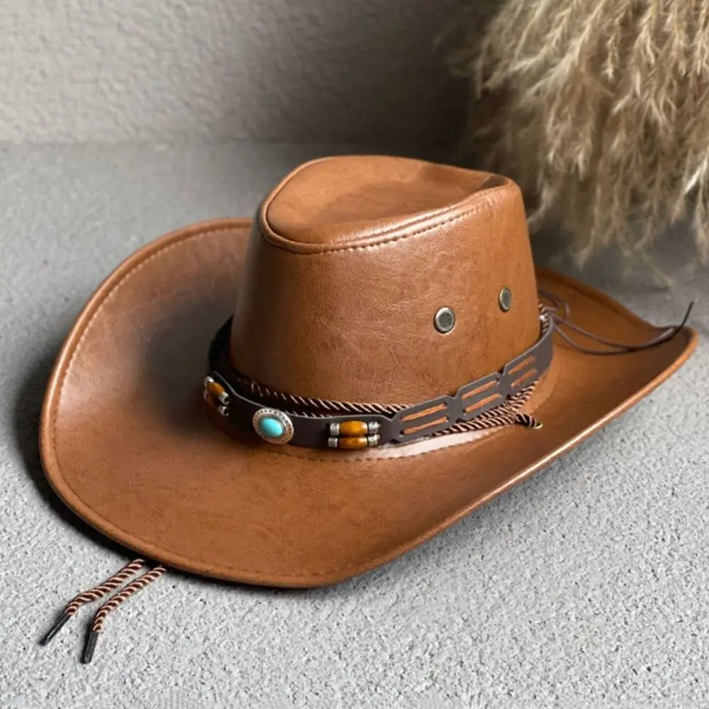 Fashion Faux Leather Western Cowboy Hat for Women Men Vintage Gentleman Dress Hats Panama Cowgirl Jazz Cap Sombrero Hombre Caps