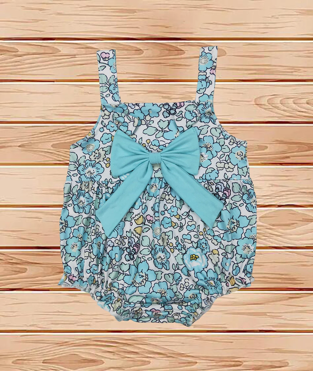 

3.31 Wholesale western boutique onesies Newborn toddler Baby Infant Girls Blue Flowers Big Bow Rompers