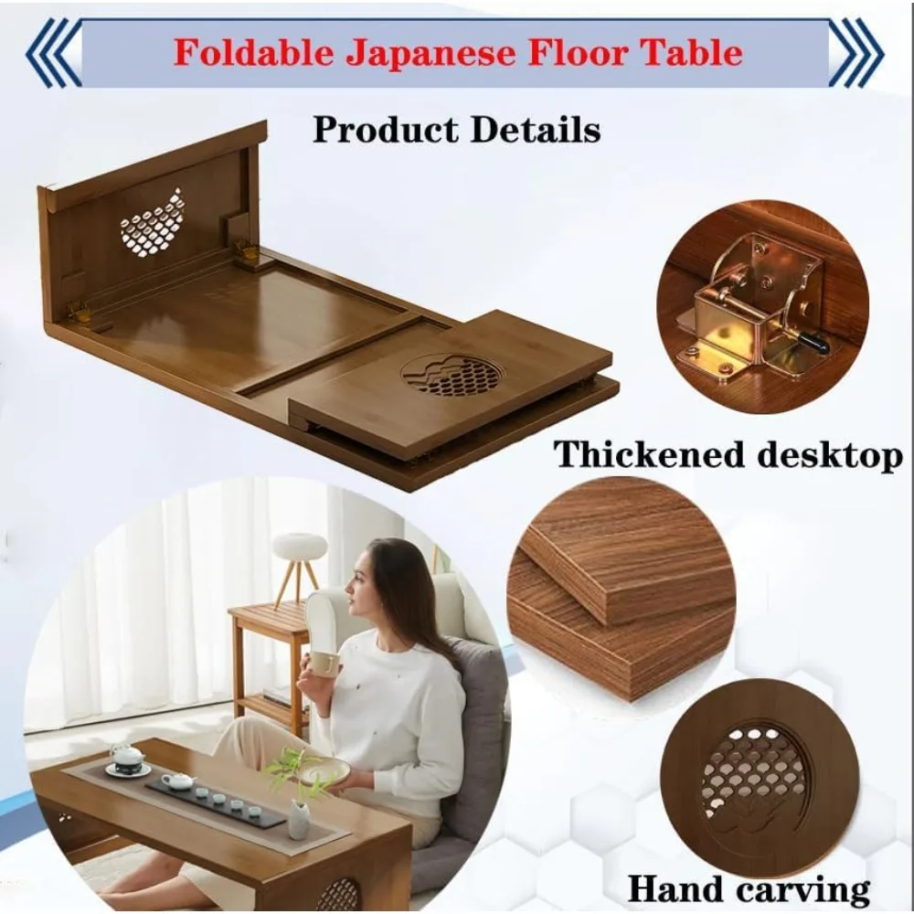 طاولة أرضية يابانية من الخشب الصلب مع ميزة قابلة للطي من الخيزران، طاولة قهوة محمولة منخفضة التاتامي لسهولة الإعداد