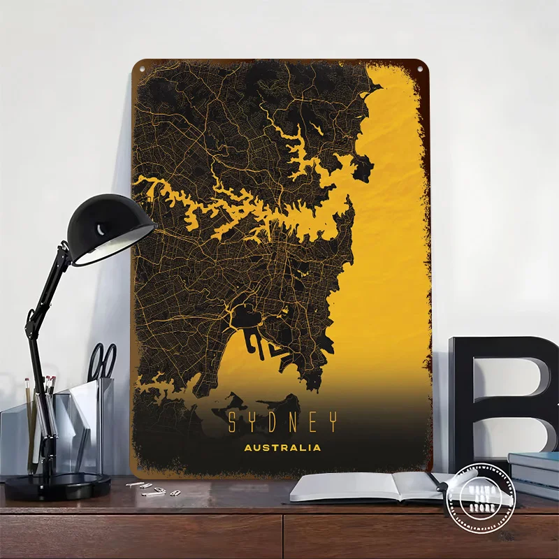 Sydney Australia - Gold and Black City Map Print Poster Customized Wall Art Vintage Metal Signs Retro Tin Plaque for Man Cave