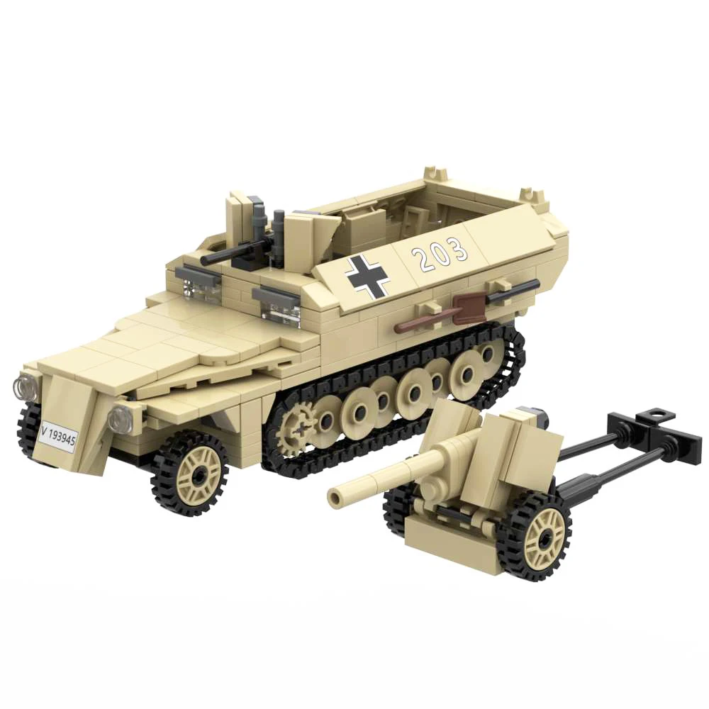 WW2 SdKfz 251 Ausf D Armored Half Track Carrier with Pak40 Anti-Tank Gun Military Army Brick WWII Building Block Toy