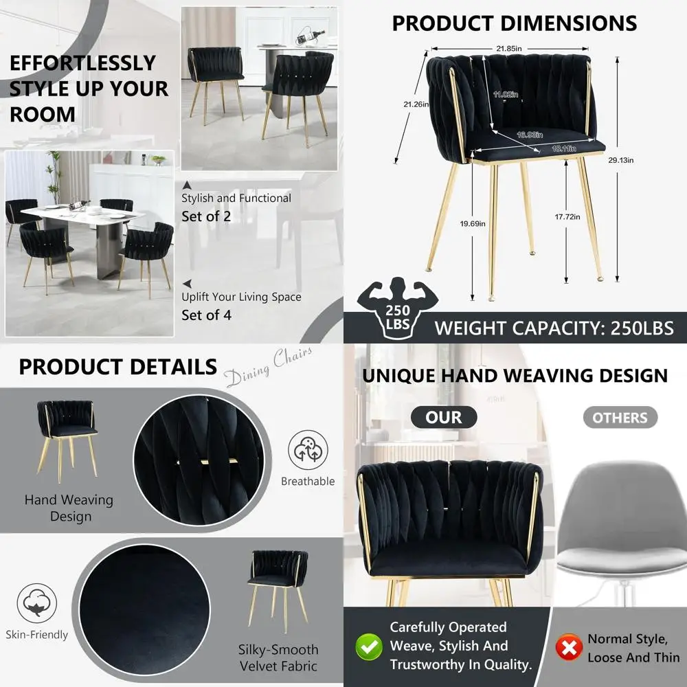 ern Hand Weaving Dining Chairs Set o 4, Velvet Upholstered Side Chairs with Gold Legs, Chic Vanity Chairs with Armrest, Accent C