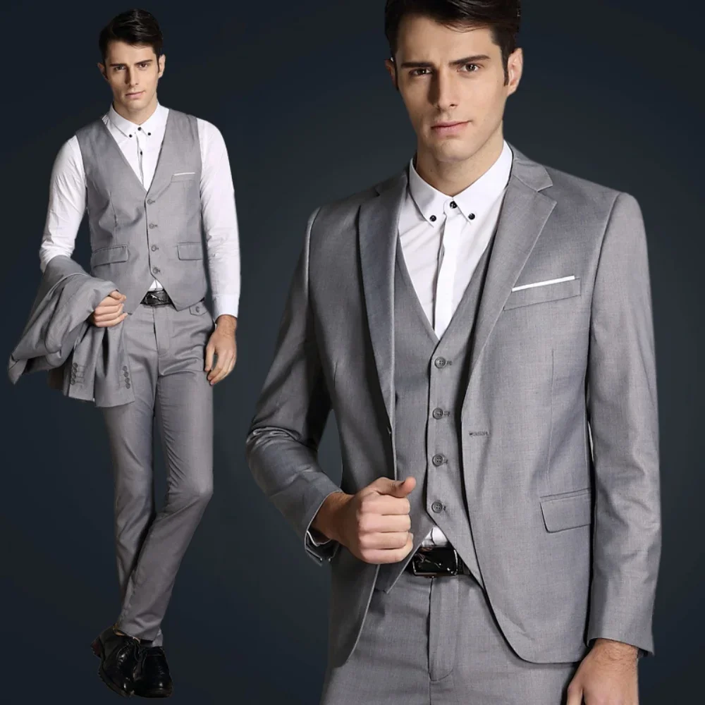 

Gray Men Wedding Party Three Pieces Set Large Size XS-6XL Male Blazer Coat Pants and Vest Fashion Slim Fit Suit