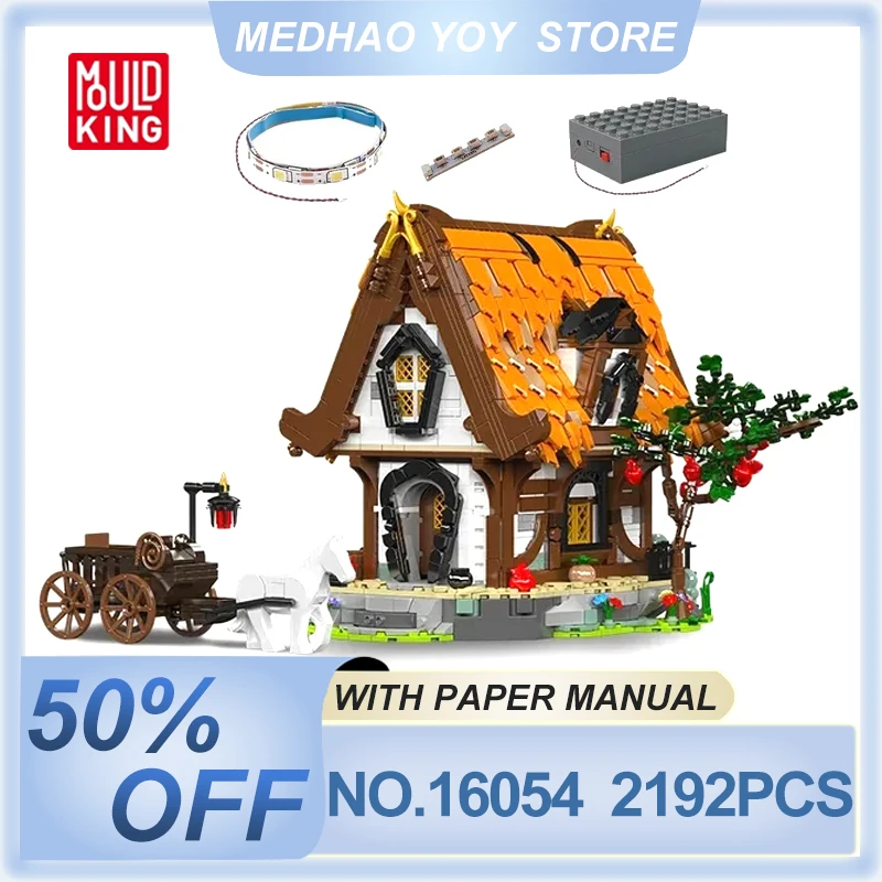 

Mould King 16054 Streetview Building Block The Medieval Wooden House Model with Led Part Assembly Brick Toys Kids Christmas Gift