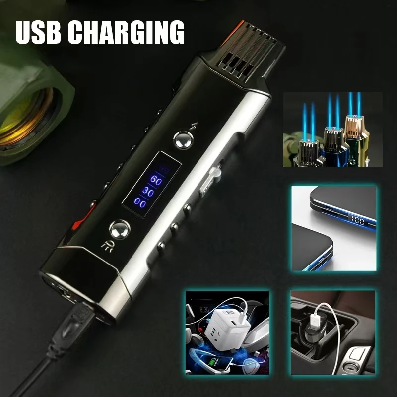 

Multi Functional Dual Direct Charging with Electric Arc Lighter Blue Flame Ignition Cigar Inflation and Charging Lighter