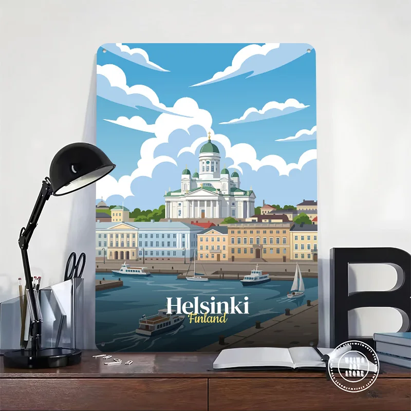 Helsinki Finland Cityscape Illustration Poster Retro 3D Printed Metal Signs Customized Wall Hanging Gift for Tin Sign Wand Deko