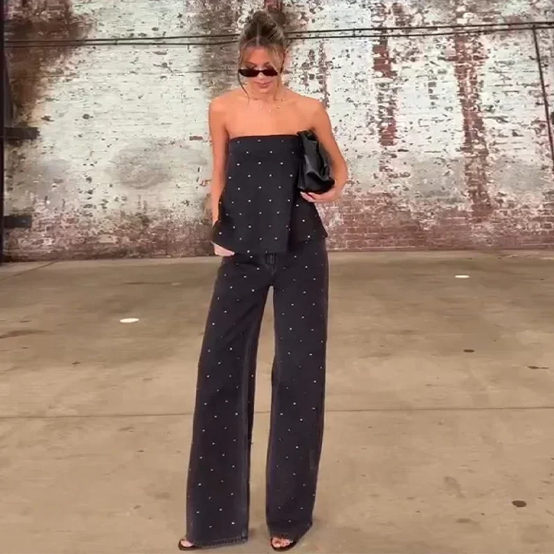 

CPSYM модный топ с бриллиантами, комплекты брюк, женский сексуальный жилет без бретелек без рукавов, жилет с открытой спиной, широкие брюки, летняя женская одежда