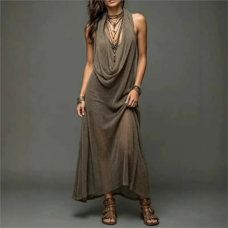 

Sexy Stacked Deep Knit Maxi Dress V Neck Backless Halter Neck Swing Neck Draped Women Summer Beach Vacation Party Dinner Dresses