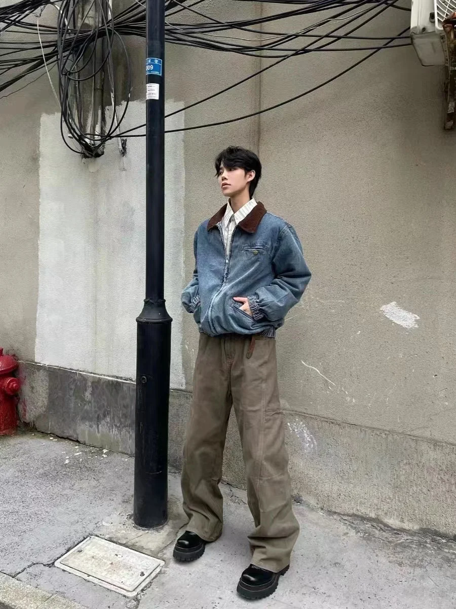 

Мужские джинсы в американском ретро-стиле, прямые, повседневные, свободные, коричневые, с высокой талией, эластичные, стрейч, модные, осенние, длинные